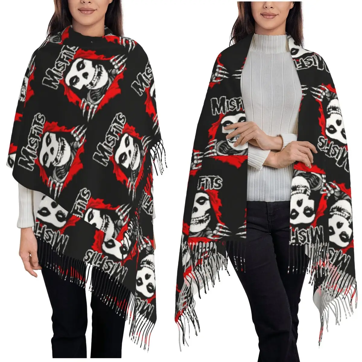 

Рок-панк-группа Misfits Череп с узором на лице Тяжелый металлический шарф Шарфы с кисточками Женские шали и накидки Длинная осенне-зимняя шаль
