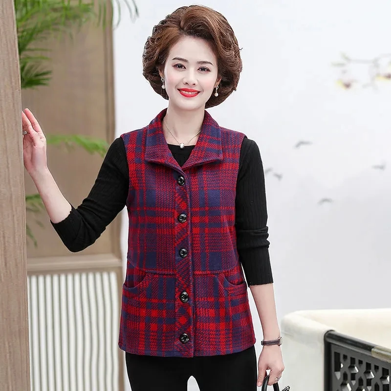 Nieuwe Moeder Vest Lente Herfst Dunne Revers Vest Plaid Vest Middelbare Leeftijd Vrouwen Korte Mouwloze Jas Vrouwelijke Jas 5XL