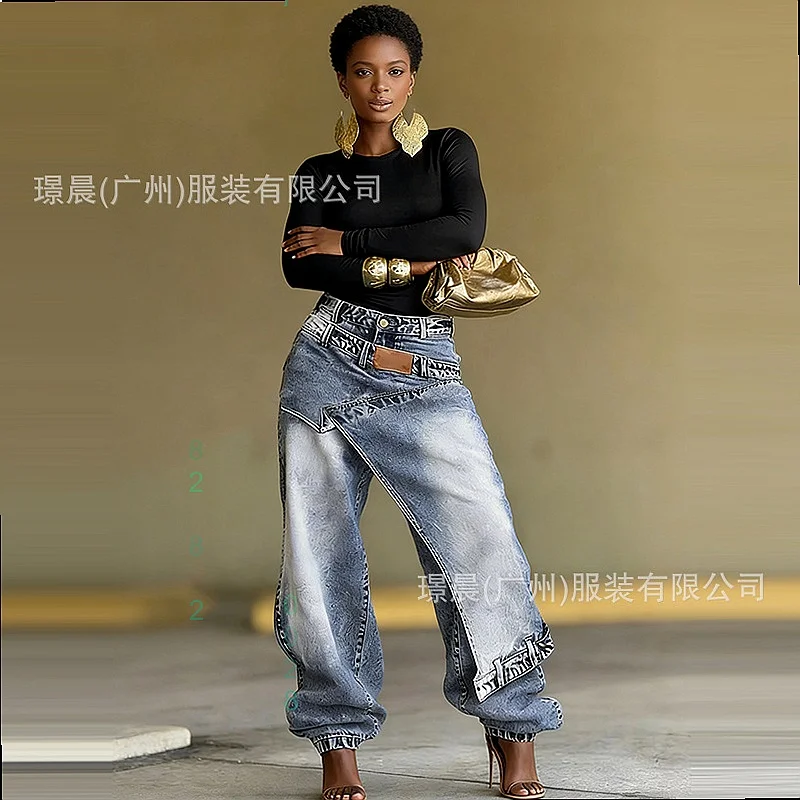 Spring Summer Women's Jeans Denim Pants Oversized Patchwork Layering Designer Trousers