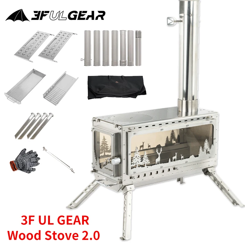 3F UL GEAR Firewood Stove 2.0 Outdoor Camping Tent Winter Warm Pellets Bin Furnace 304 Stainless Steel Heater With Chimney Pipe