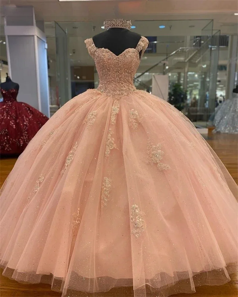 

Новое поступление, розовые бальные платья Quinceanera, милое Тюлевое Пышное Платье с аппликацией, 16 платьев, 15 лет, мексиканское