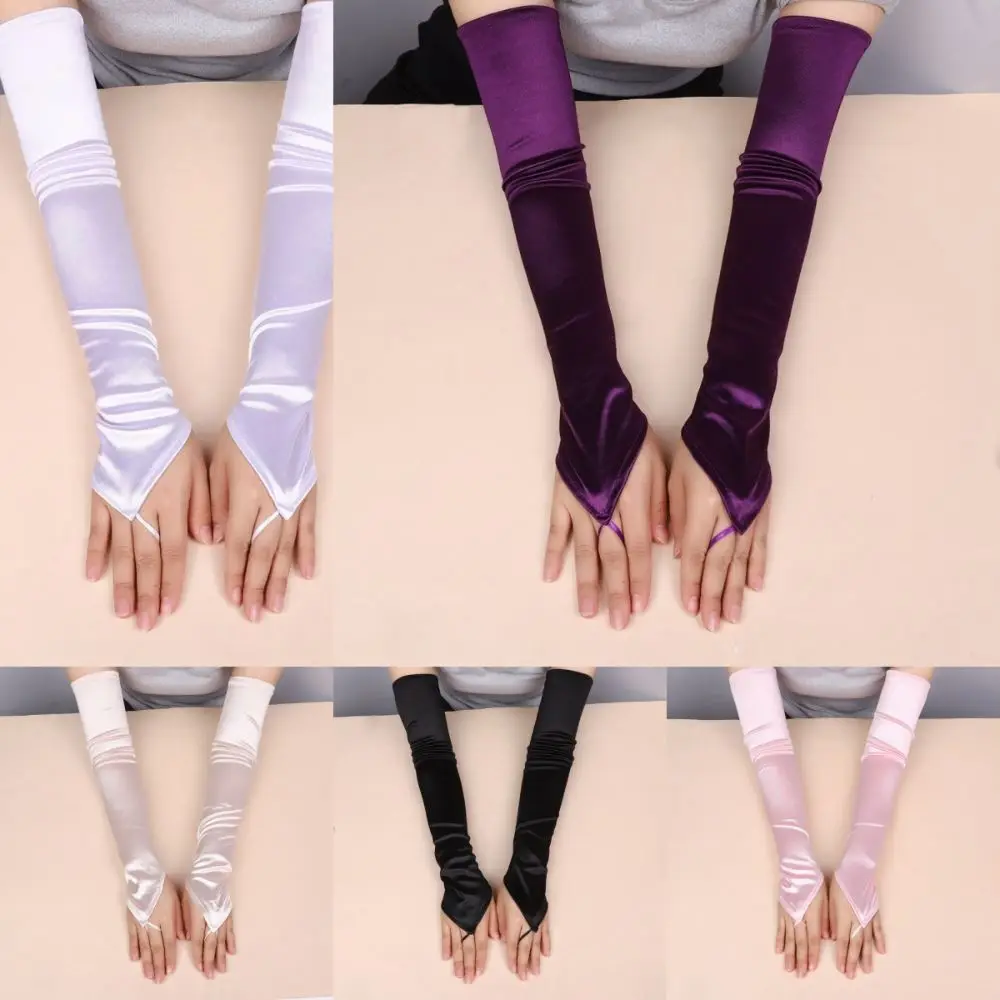New 49CM Women Gloves Solid Retro Elasticity Hook Finger Gloves Satin Cosplay Long Fingerless Gloves Wedding Bride