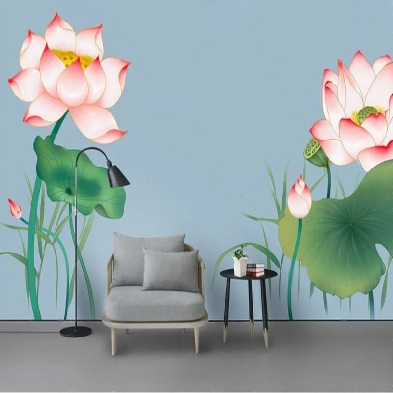 New Chinese-style elegant Zen-inspired lotus flower-themed meticulous hand-painted TV bedroom background wall paintings