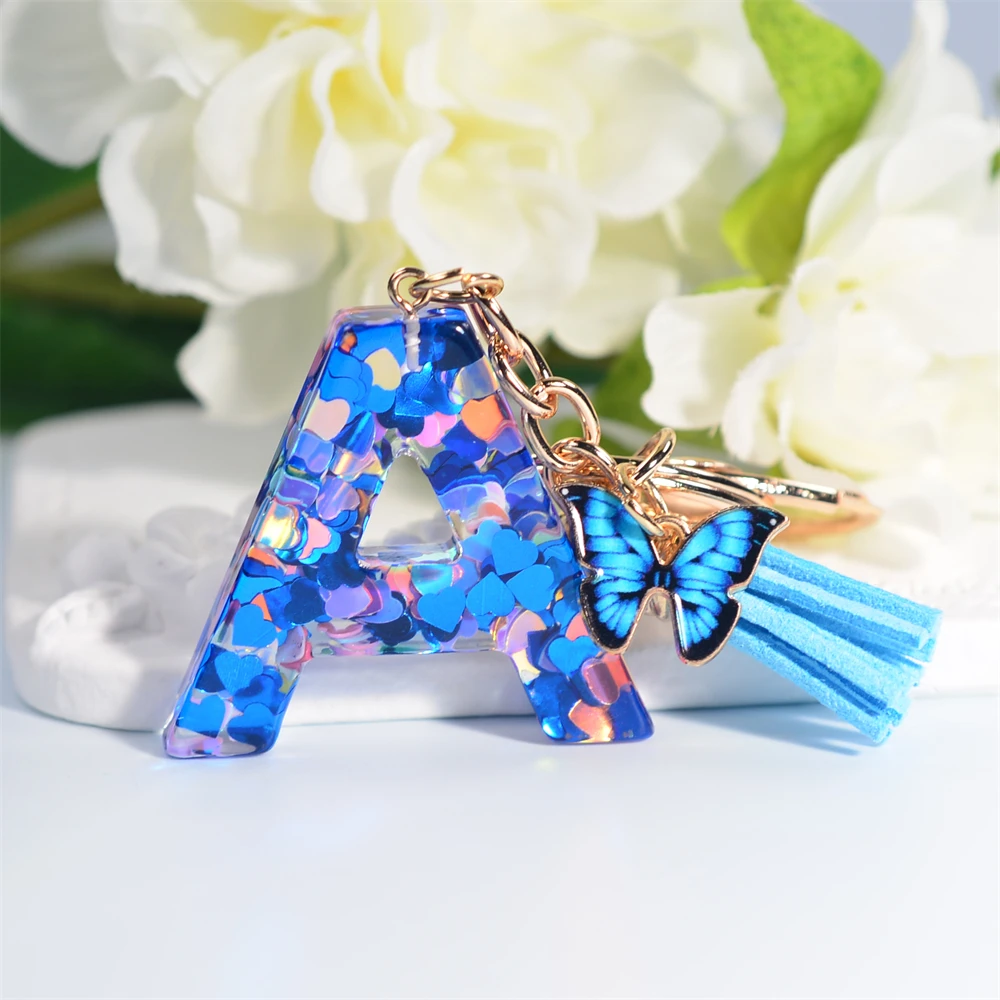 Blue Heart Sequin Filled 26 Letters Keychain for Women Fashion Butterfly Pendant with Key Ring Purse Bag Decor Friendship Gifts