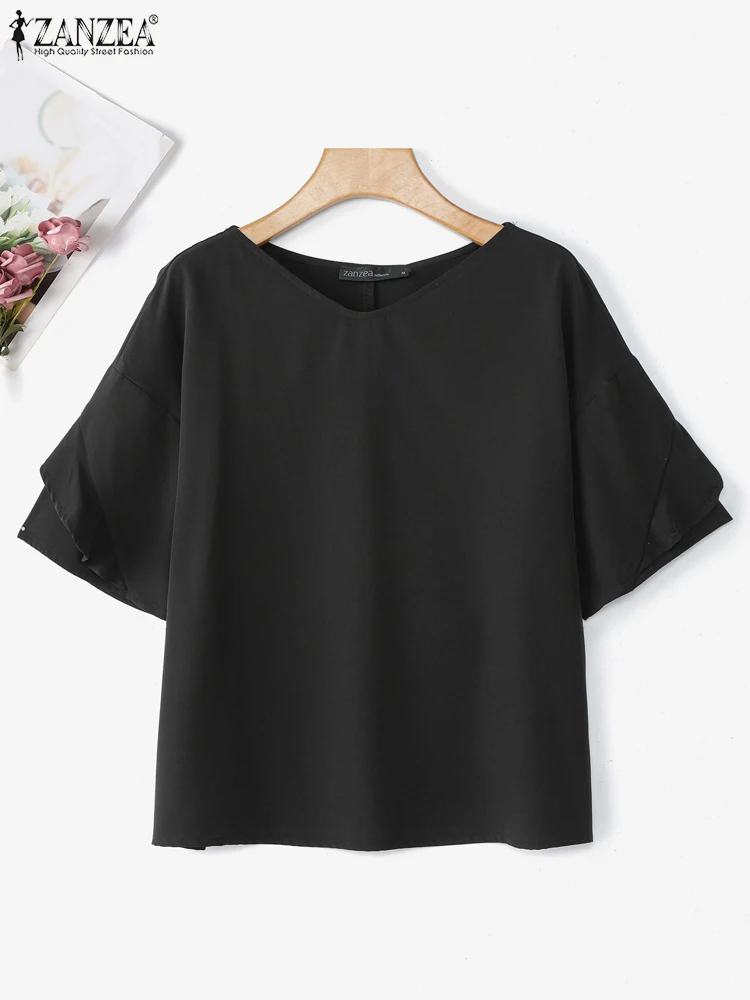 

ZANZEA 2025 Summer Women Fashion Blouse Sexy V-Neck Solid Color Shirt Short Sleeve Ruffle Elegant Tunic Tops Casual Loose Blusas