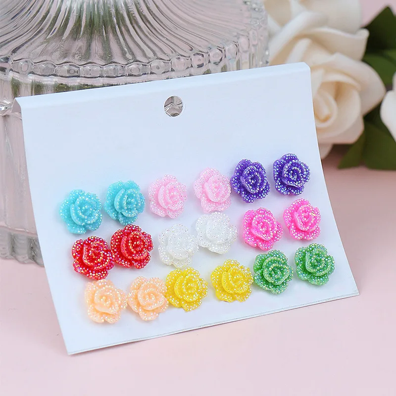 9/12Pairs Acrylic Colorful Tulip Rose Studs Earrings Set Fashion Circle Ear Cuff Perforated Jewelry Women Accessories