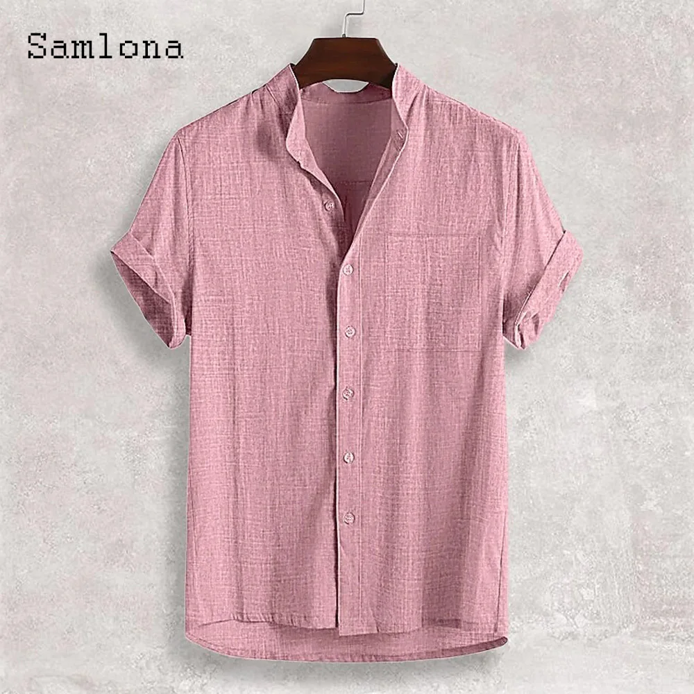 الرجال قصيرة الأكمام مجلس قميص الملابس 2025 جديد الصيف ياقة بلوزة الصلبة الأخضر الكتان حجم كبير قمصان رجالي عادية الشاطئ