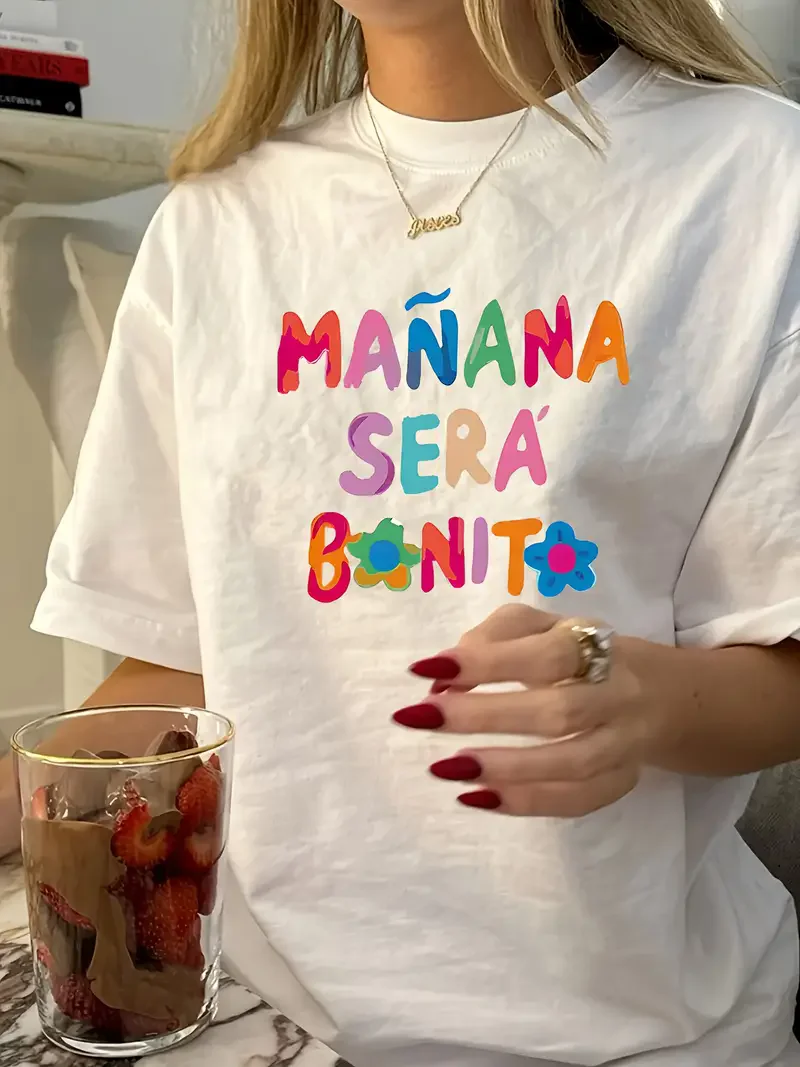 Camiseta de cuello redondo con design de manga para mujer camiseta con estampado Vintage Karol G Manana Sera Bonito manga #2