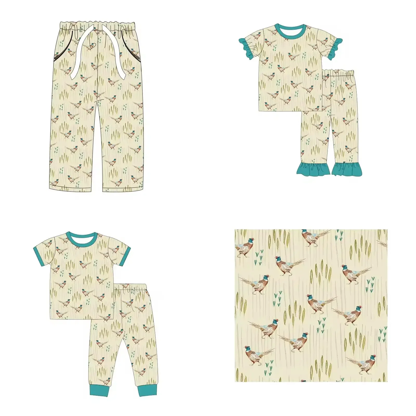 Boutique children's set short-sleeved lace duck grass print trousers lace girls boys trousers pajama set trousers