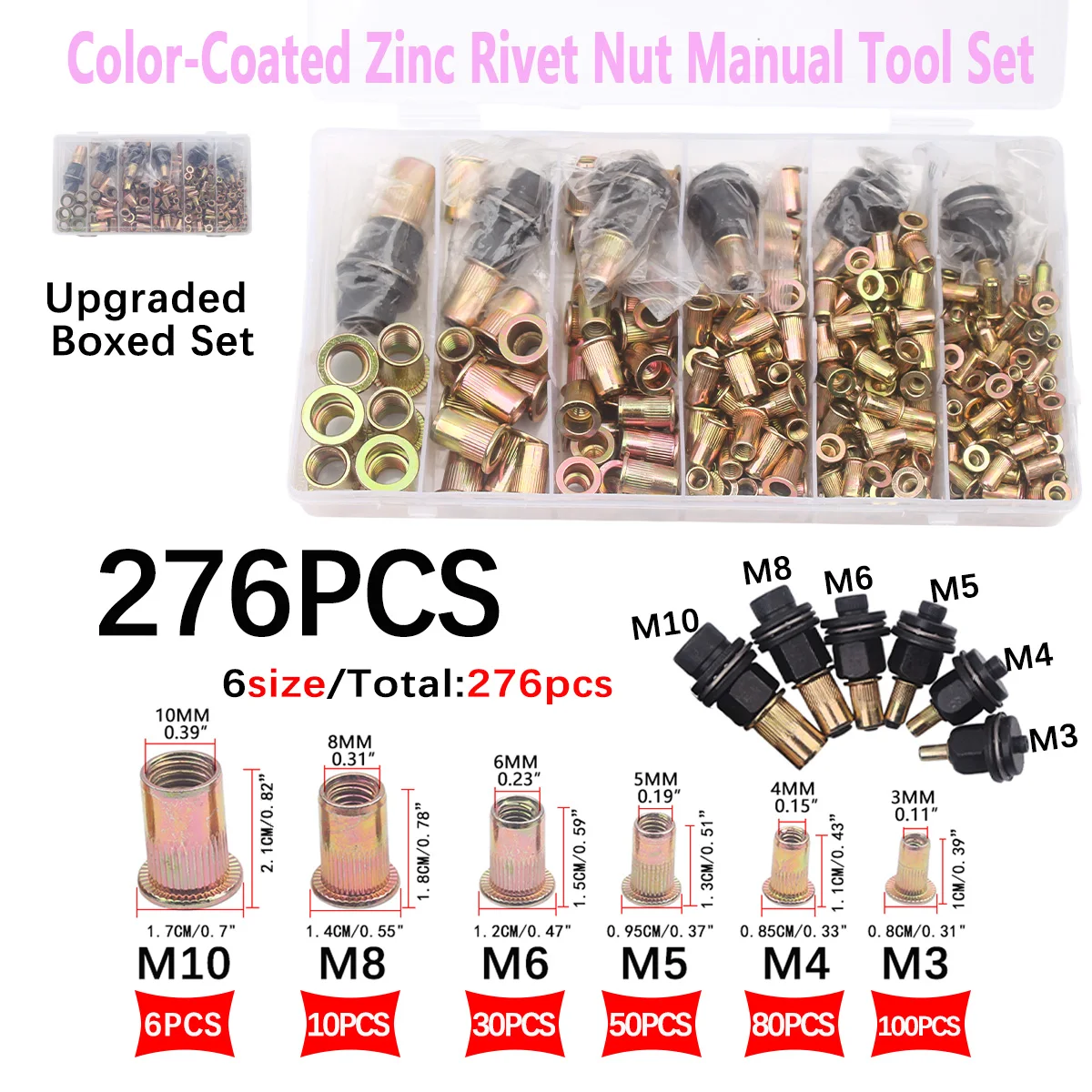 Rivet Nut Set, 276-Piece Metric Rivet Nut Combination (M10/M8/M6/M5/M4/M3), Suitable for Furniture, Decoration, Automotive, Marine, and Industrial Applications