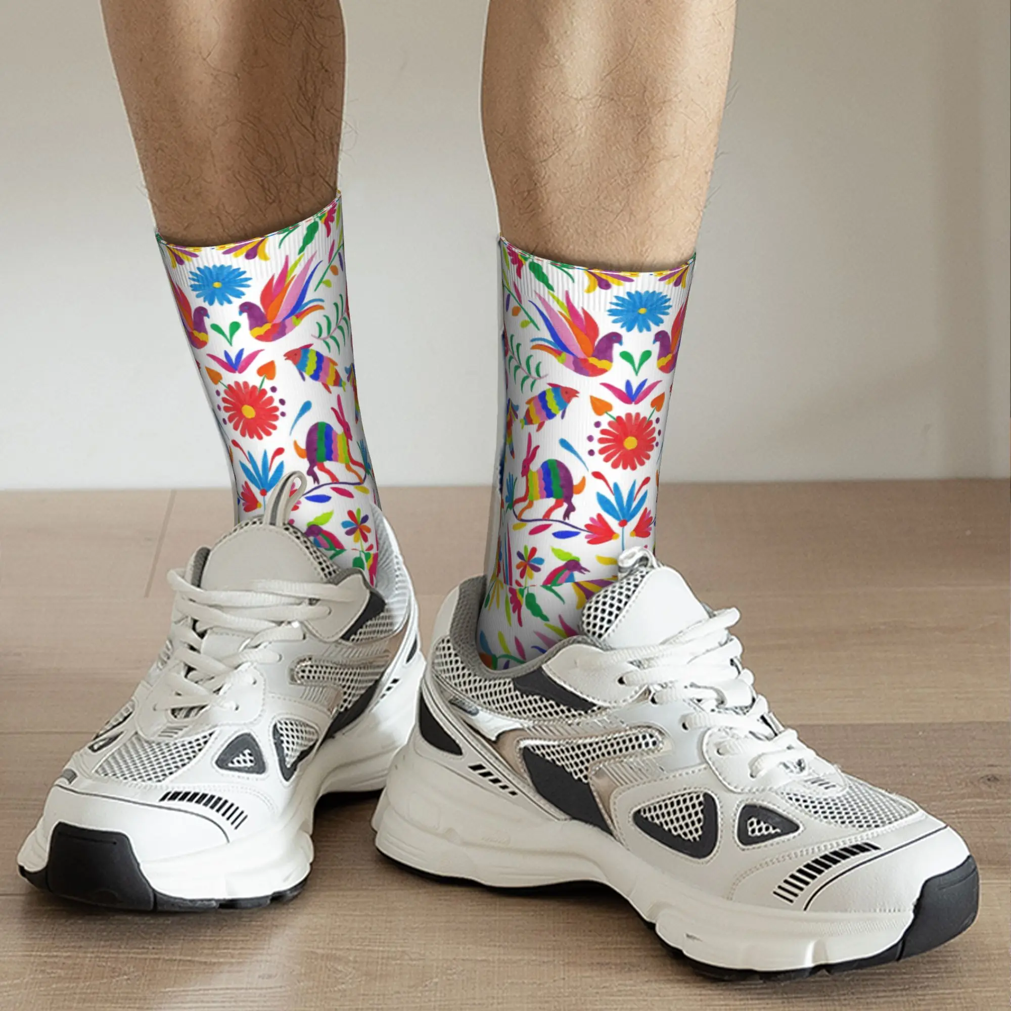 Custom Otomi Folk Mexican Art Men Women Crew Socks Unisex Cool Floral Birds Pattern Spring Summer Autumn Winter Dress Socks view 5