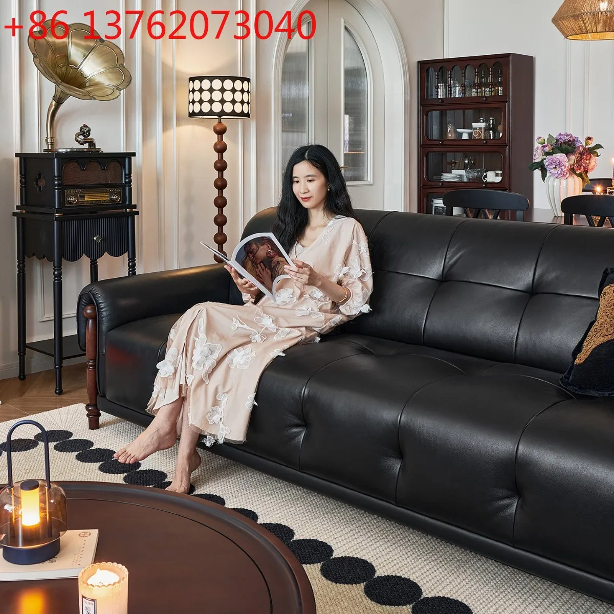 

French antique sofa black leather retro home living room 2026 new