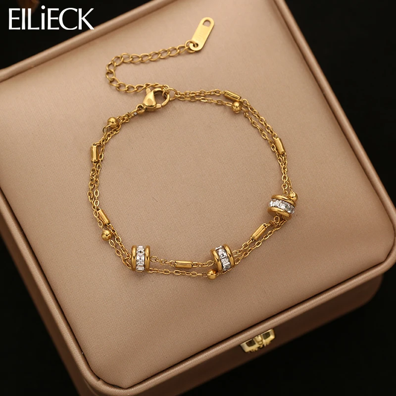 

EILIECK 316L Stainless Steel Classical Synthetic Zircon Beaded Bracelet For Women 18K Gold PVD Plated Fashion Jewelry Hand Chain