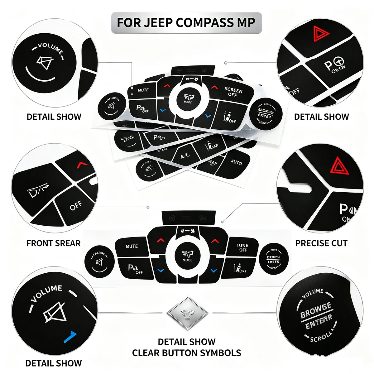 For Jeep Compass MP AC Button Repair Kit - Climate Control Reverse Radar Hazard Light Decal Sticker, Anti-Worn PVC