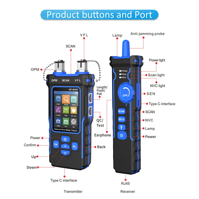 NF-8508 Network Cable Tester Optical Wire Meter Tracer LCD Digital Rechargeable Network Line Finder Wire PoE Checker Equipment