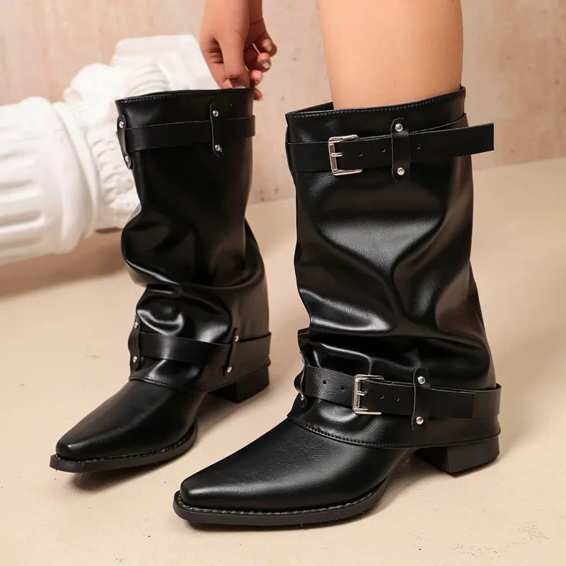 Punk Style Metal Belt Buckle Cowboy Boots Women Autumn Black Pointed Toe Slouchy Mid-Calf Boots Ladies Slip on Thick Heels Botas
