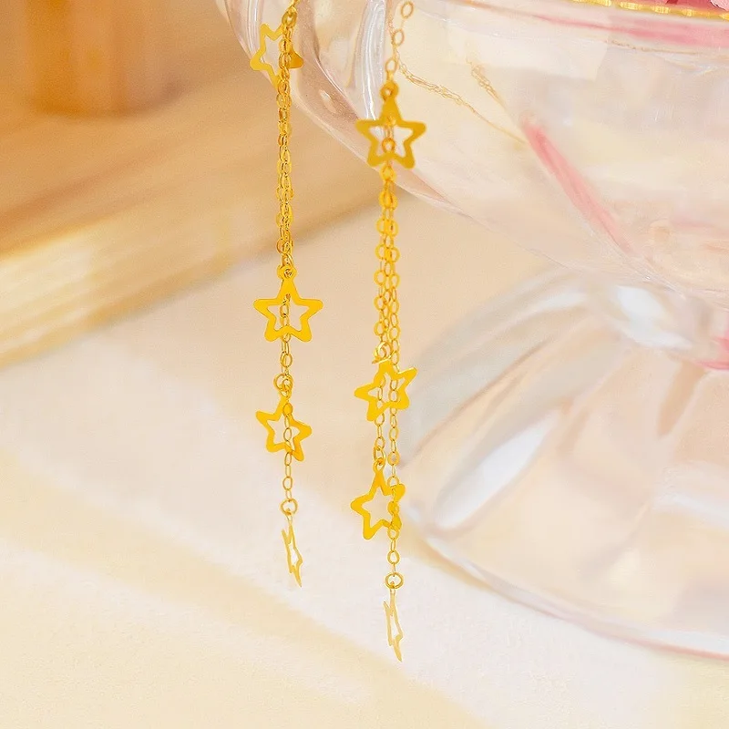 SMILE Real 18K Gold Sky Star Earline Au750 Colorful Gold Star Tassel Versatile Earrings Women's Gift Boutique Jewelry E171