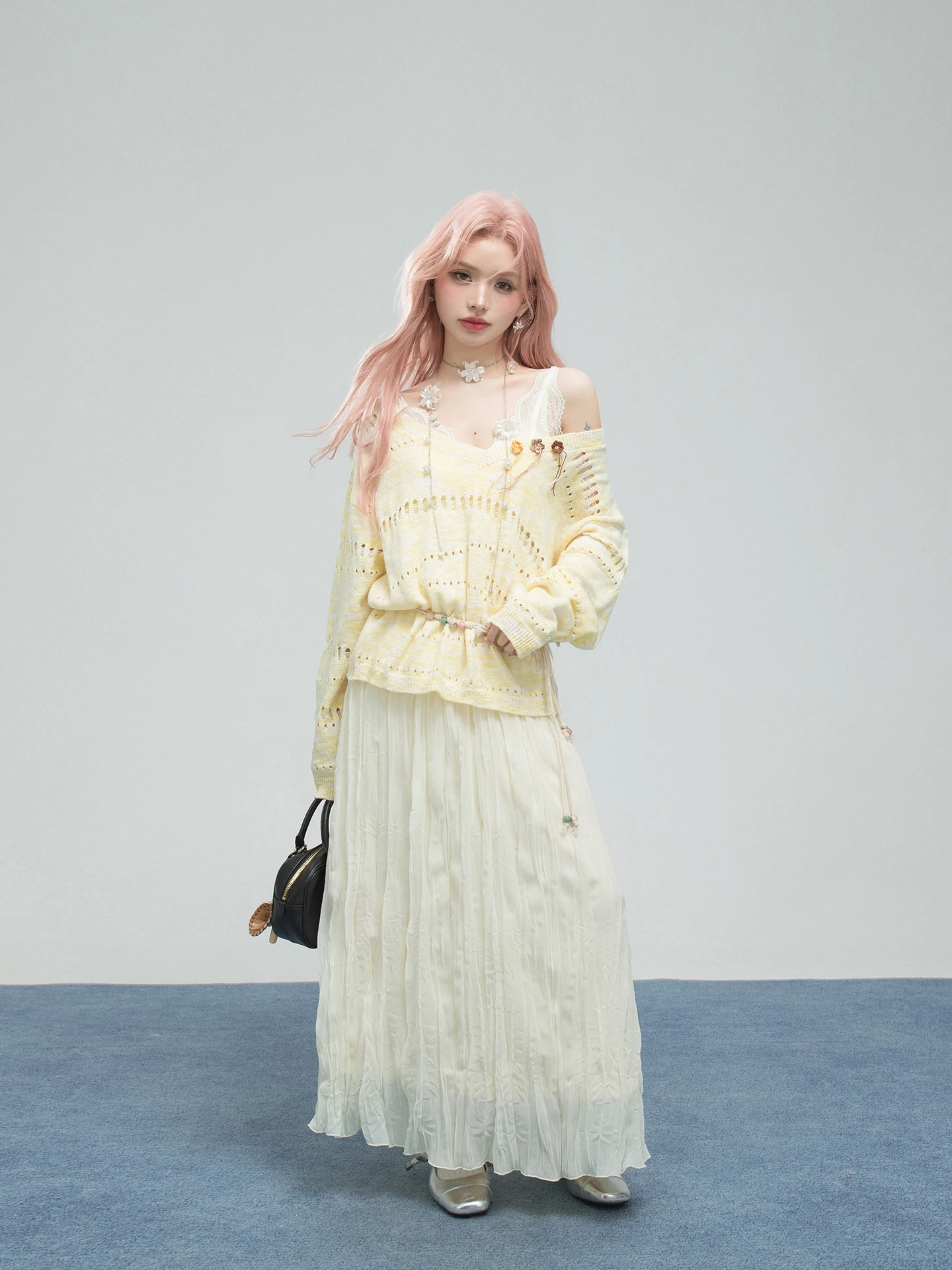 

ONEOFUUU Hollow out off oulder Top with Vest Pleated Skirt Set Casual Sle Spring Faion Women's Tee-Piece Set