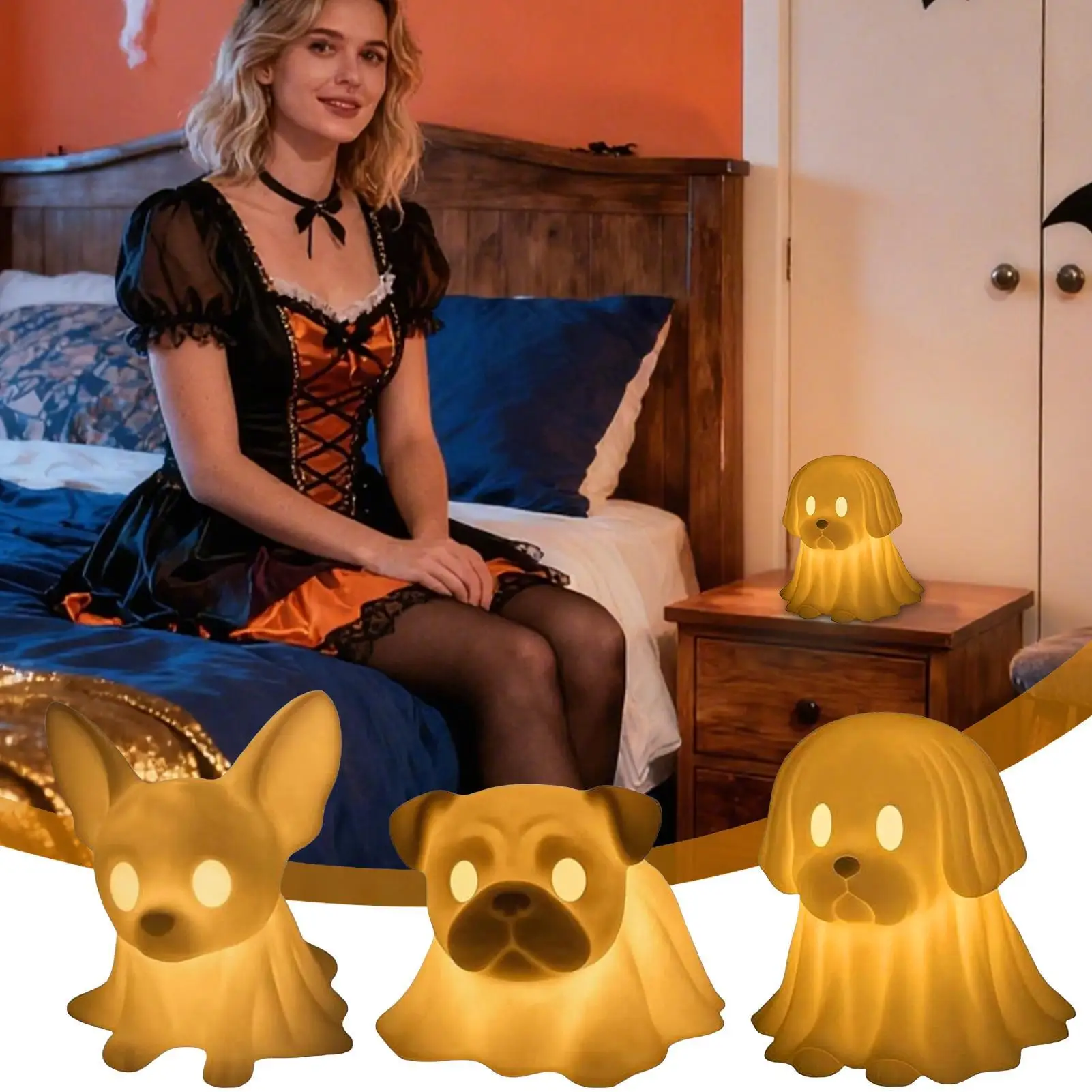 Dog Ghost Figurine Halloween Ghost Dog LED Night Light Decorative Table Centerpieces For Shelf Mantel Desk Nightstands Window