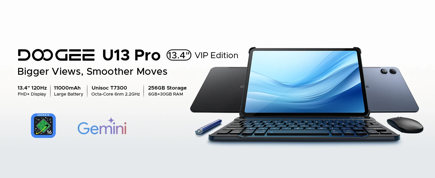 DOOGEE U13 Pro 2 in 1 Tablet PC 13.4" Screen Android 16 11000mAh 36GB RAM(6+30) 256GB ROM Gemini AI Widevine L1 Netflix Supports