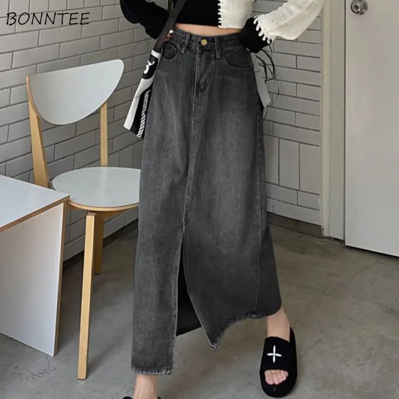 Denim Maxi Skirts Women Irregular Front-slit Vintage High Waist Baggy Aesthetic Summer Streetwear Cool Mujer Harajuku Daily 2023