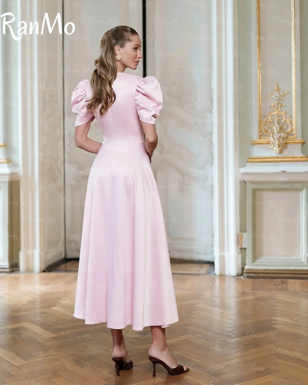 Ranmo2025 Elegant Short Sleeve V-neck Prom Dress A Line Evening Dress Satin Tea-Length Pleat Prom Gown Customsied Birthday Dress