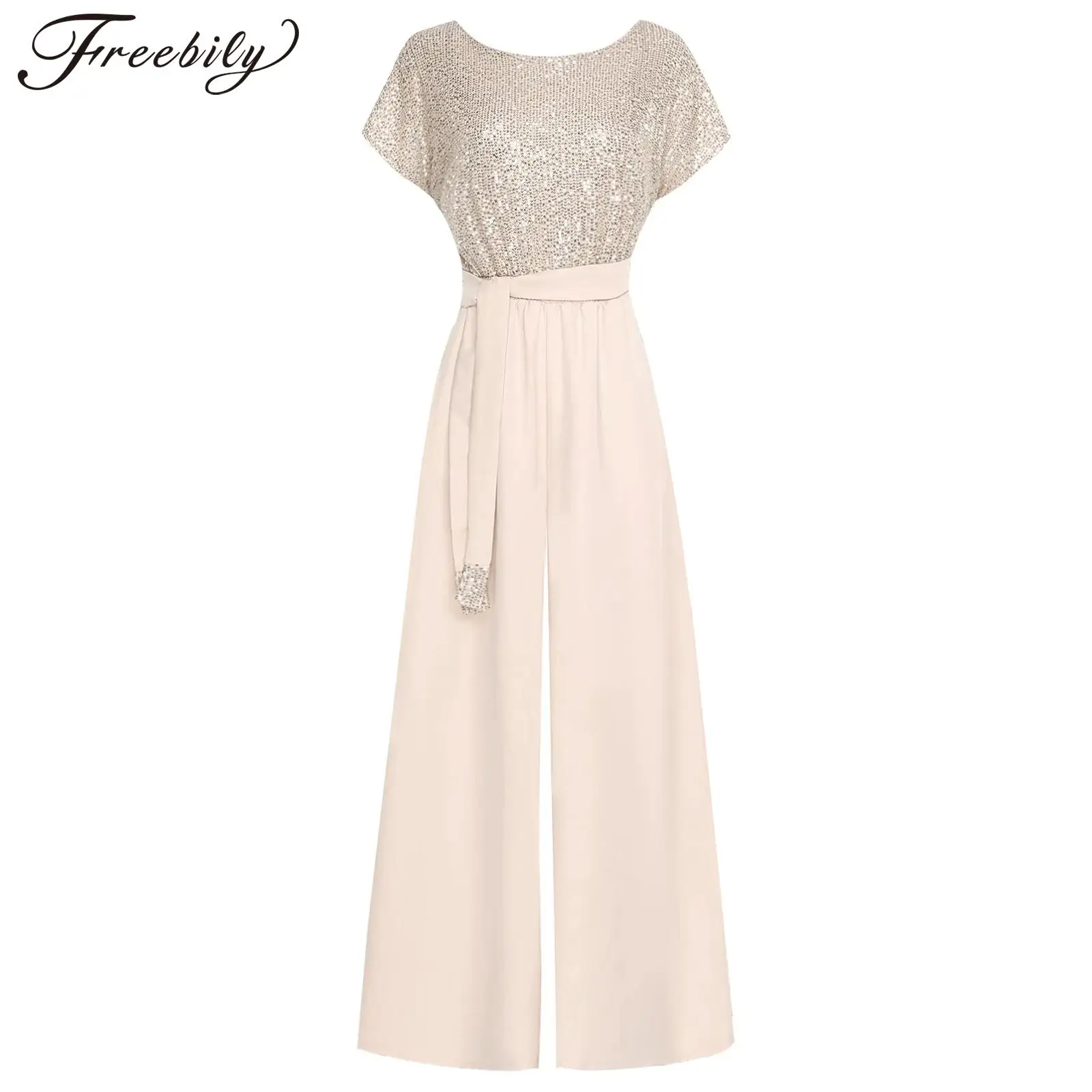 

Fashion Women Sequin Backless Jumpsuit Belted Pants Evening Party Romper Lady Commute Outfits Short Sleeve Sparkly Jumpsuits