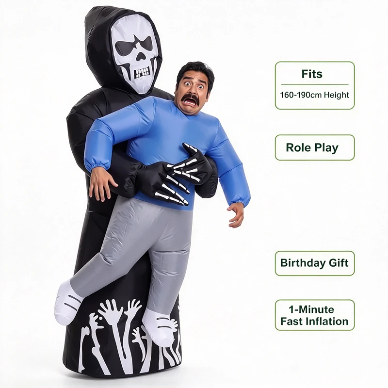 Halloween Costume Adult - ชุดผีเป่าลมสำหรับผู้ใหญ่ ชุดโครงกระดูกน่ากลัวตลกๆ พร้อมพัดลมเป่า สำหรับปาร์ตี้ฮาโลวีน งานคาร์นิวัล ของขวัญ
