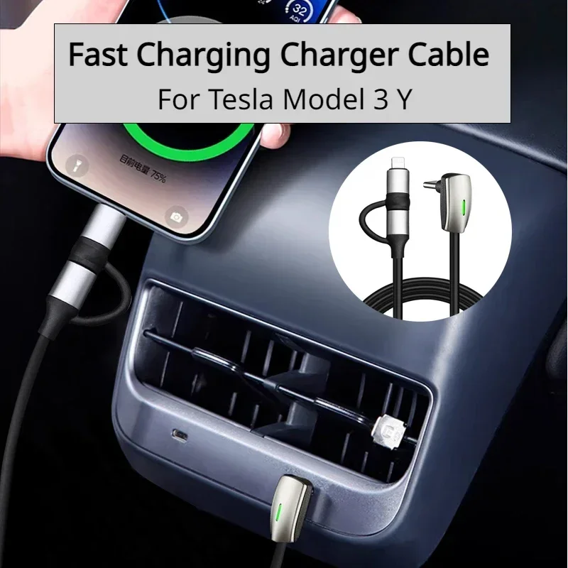 Usb TypeC Fast Charging Charger Cable for Tesla Model 3 Y 60W Type-C 27W Lightning Phone Charging Liquid Silicone Upgrade Modely