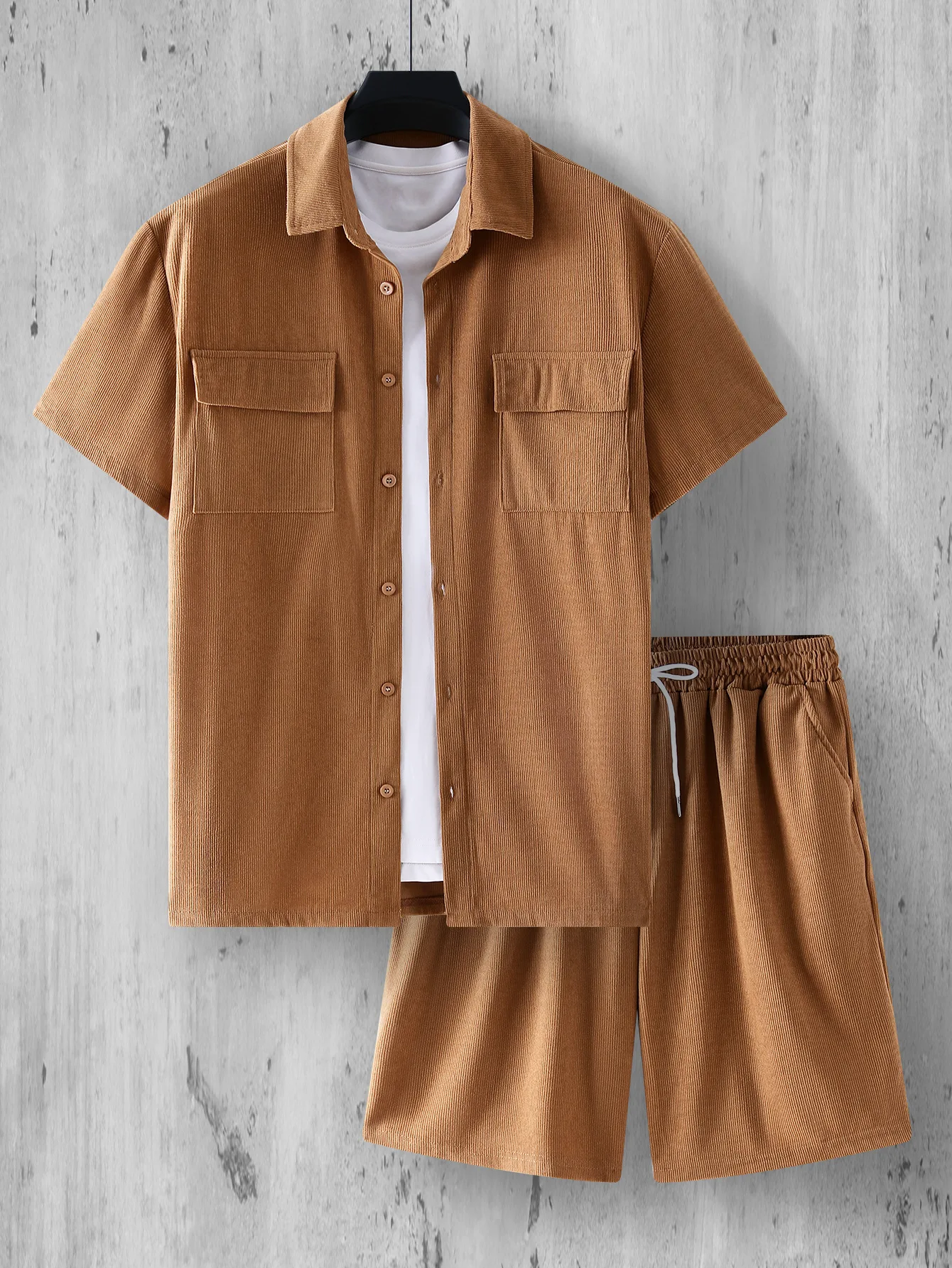 2026 Summer New Men's Solid Color Casual Corduroy Collar Shirt Set Outdoor Sports Breathable Loose Comfortable Two Piece Set - view 2