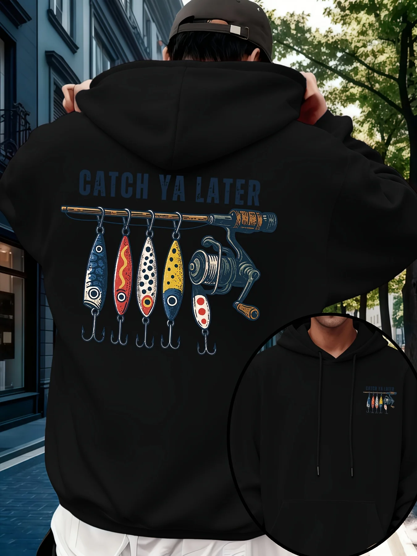 Men Sport Hip Hop Hoodie, _Catch Ya Later_ Fishing Lure Graphic, Fleece Lined Sweatshirt for Urban Street Style and Cold Weather