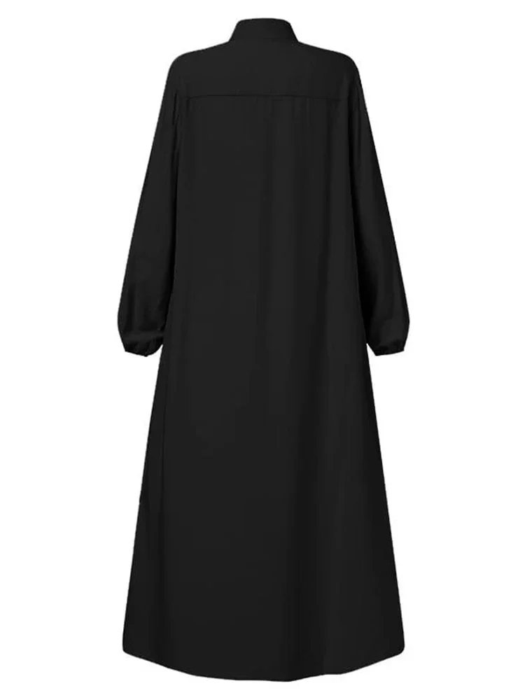 Muslim black dress with small stand-up collar and zipper pocket design  elegant loose and casual long-sleeved skirt