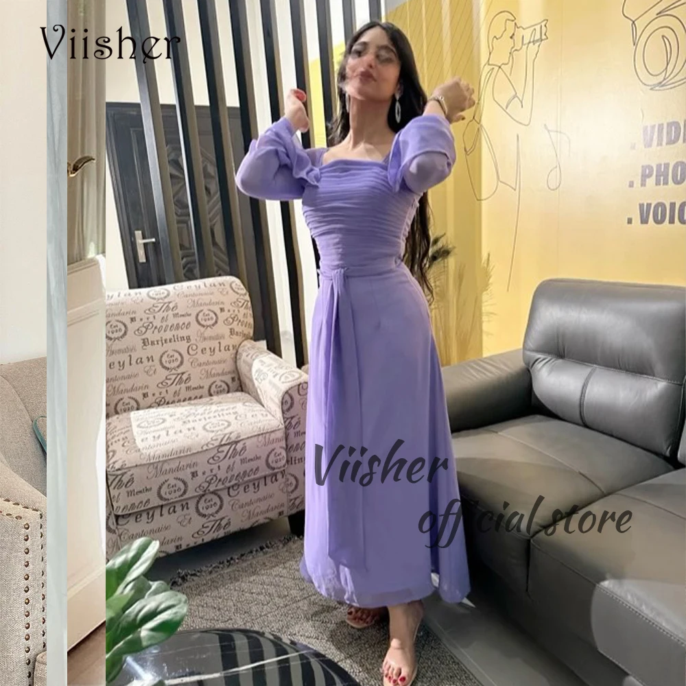 

Viisher Lavender Chiffon Mermaid Evening Dresses Long Sleeve Square Neck Prom Party Dress Arabian Dubai Formal Occasion Gowns