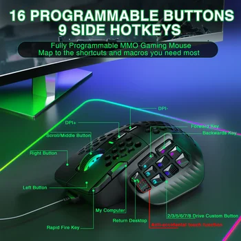 SOLAKAKA SM809 Kablolu Oyun Faresi 16 Yan Düğme 22800 DPI Programlanabilir Makro MMO Oyun Faresi PAW3311 Petek Desenli Ergonomik RGB 6 best sales Yan düğmeli oyun faresi - №3