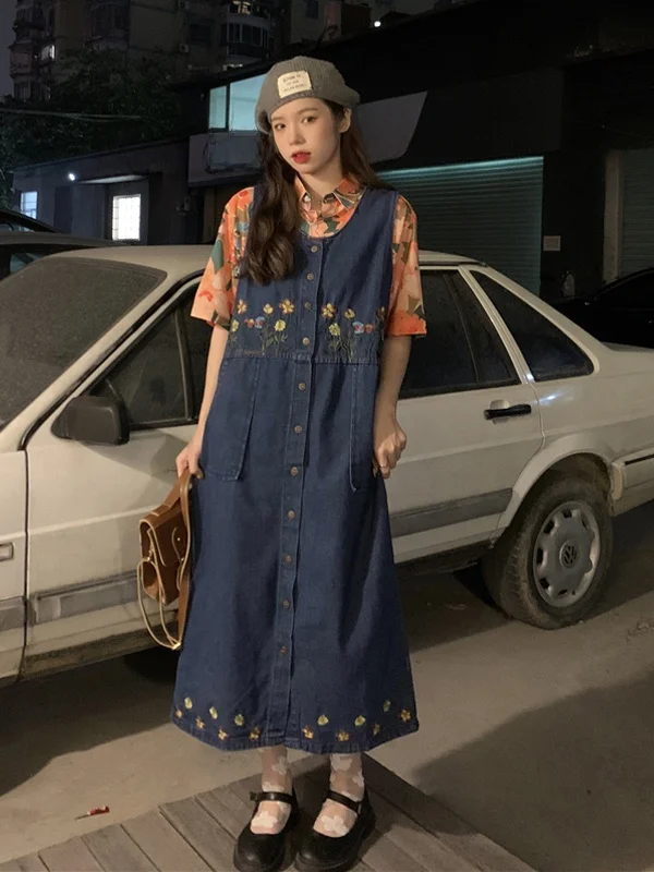 

Ele Embroidered Denim Overalls Women's Spring Autumn High Waist Slimming Mid-Length Dr for plus Size Ladies