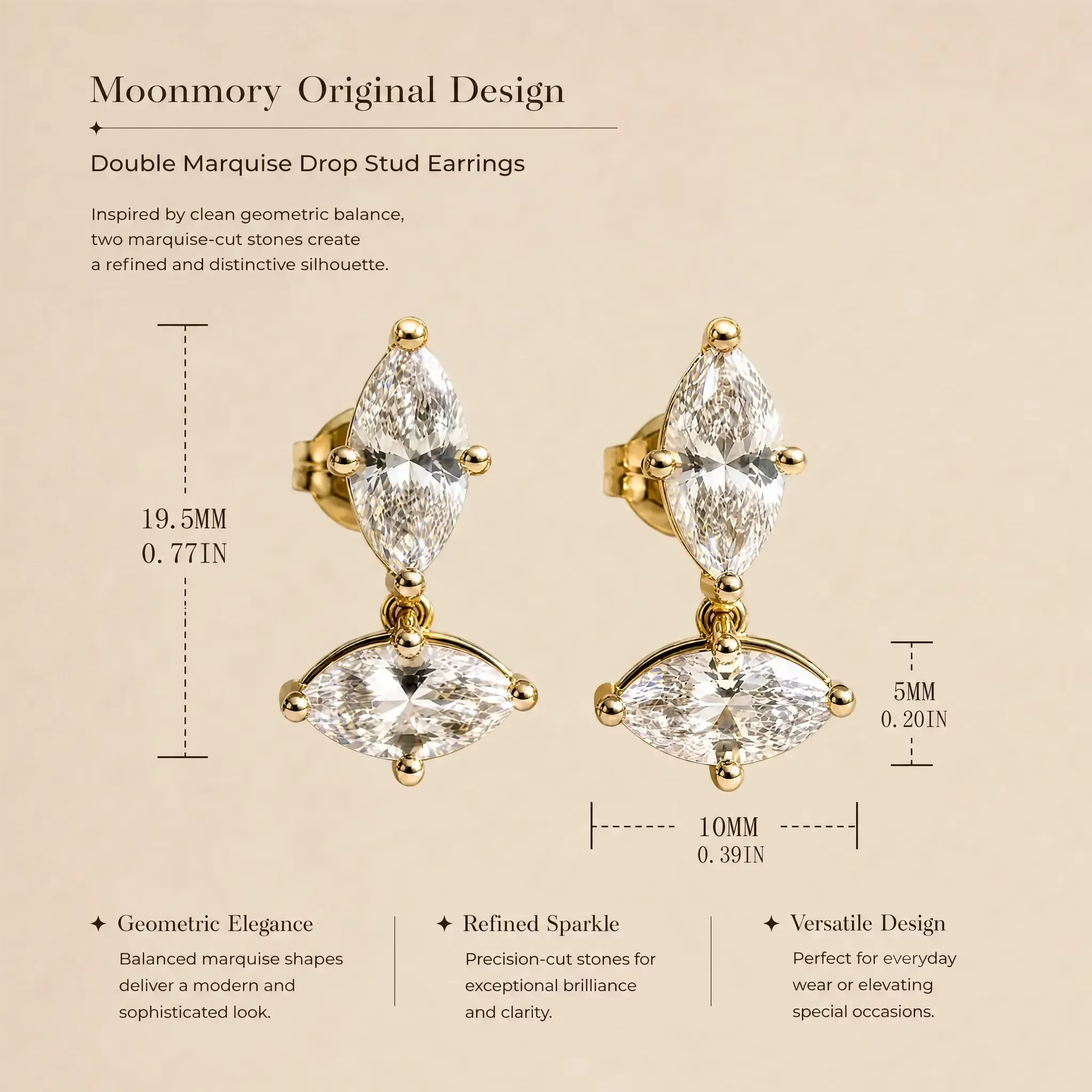 Moonmory Minimalistisches, einzigartiges Design, doppelte Marquise-Ohrstecker für Damen, 5A Kubikzirkonia, 5x10mm, 14k doppelt vergoldet – Detail 11