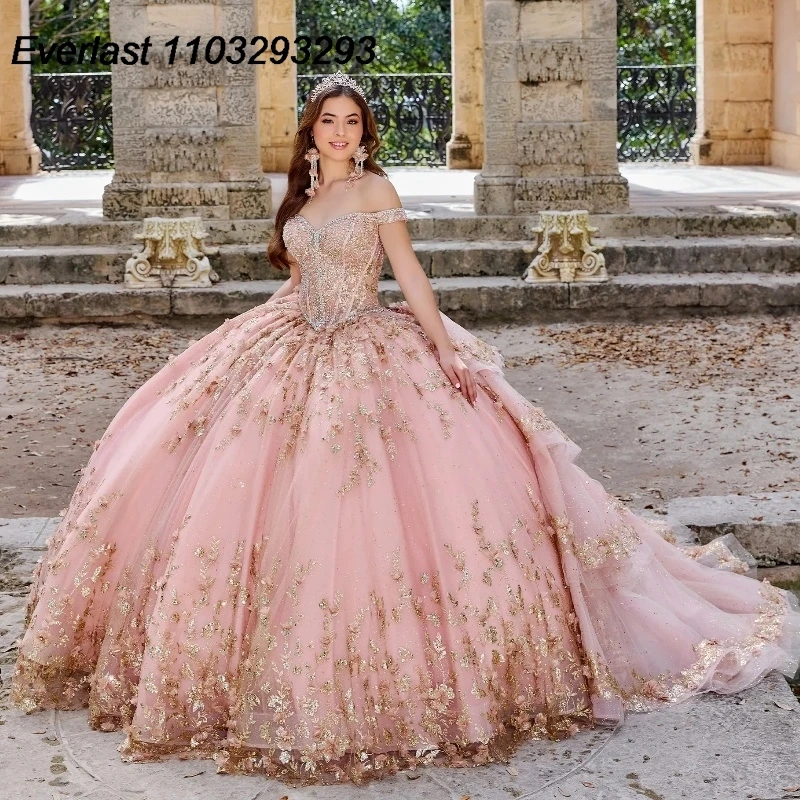 EVLAST Customized Mint Quinceanera Dress Ball Gown 3D Floral Lace Applique Beaded Ruffles Sweet 16 Vestido 15 De Años TQD275