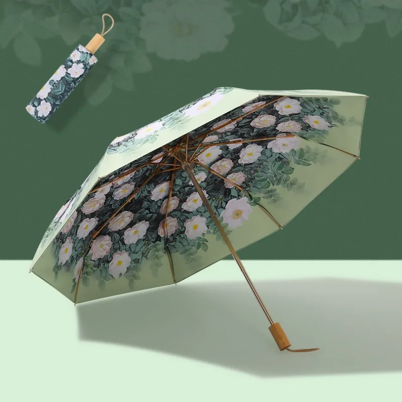 Hand-painted Camellia Double Layer Black Glue Folding Sun and Rain Dual Use UV Protection Small and Portable Sun Umbrella