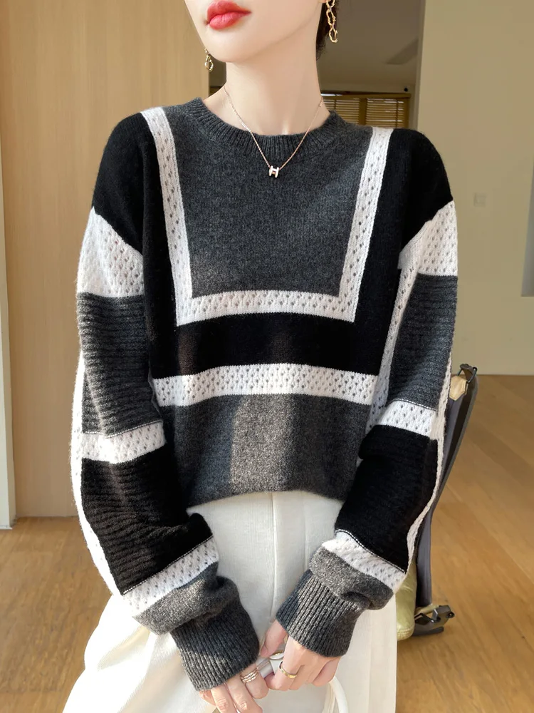 

Autumn Women Geometry Cashmere Sweater O Neck 100% Merino Wool Pullover Designed Hollow Knitwear Casual Jumpers Tops Clothing