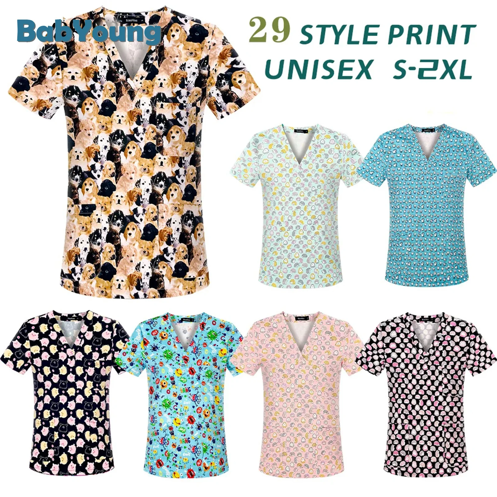 

S-2XL Print Uniform Women Nursing Scrubs Tops Lab Work Uniform Dentist Blouse Short Sleeve Tops Surgical Shirts Nurse Uniform