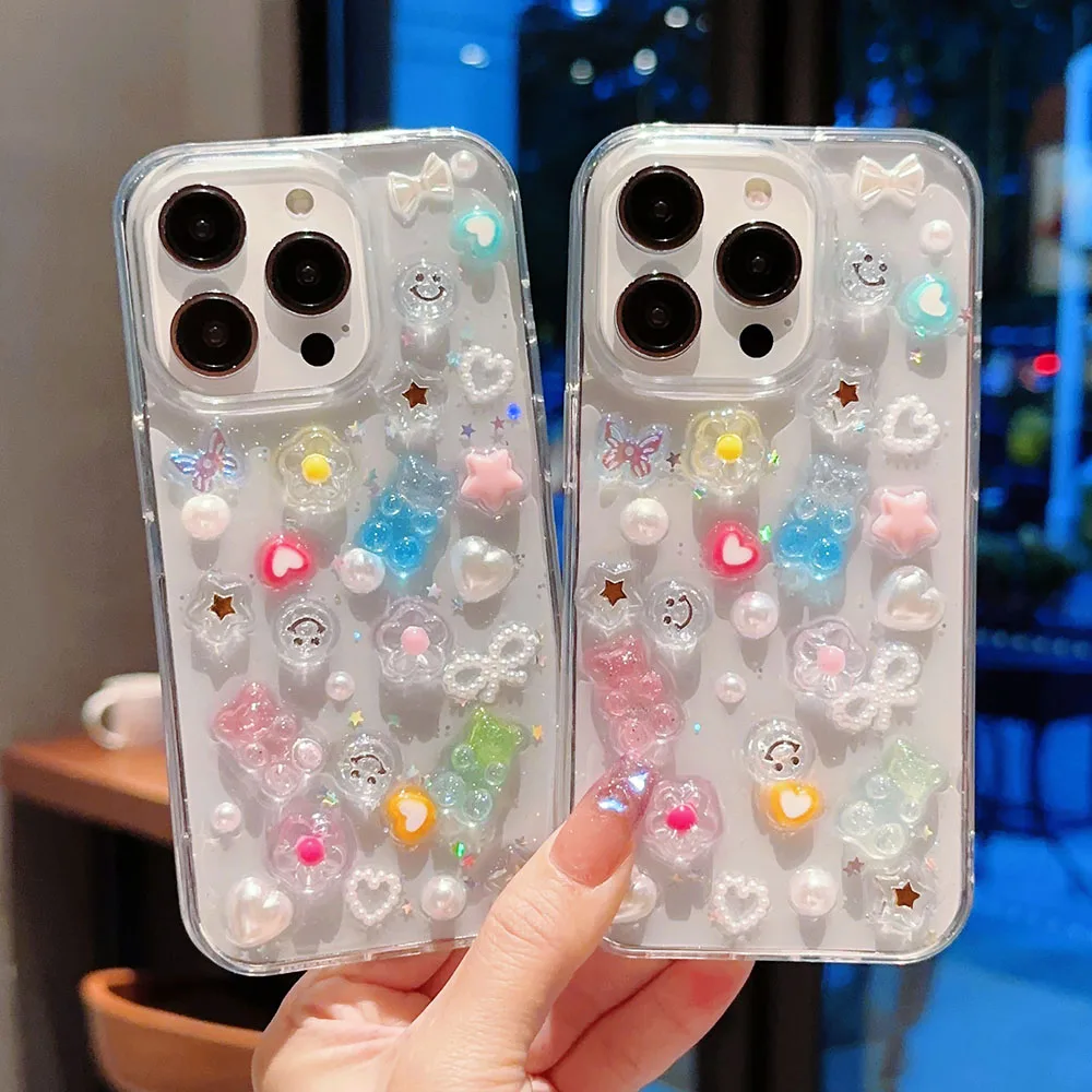 جراب هاتف لامع من الإيبوكسي لـ iPhone ، غطاء شفاف ، كوريا ، الحب ، القلب ، الابتسامة ، النجمة ، اللؤلؤ ، الحلوى ، الدب ، 3D ، 15 ، 14 ، 11 ، 12 ، 13 Pro Max ، 14 زائد #4
