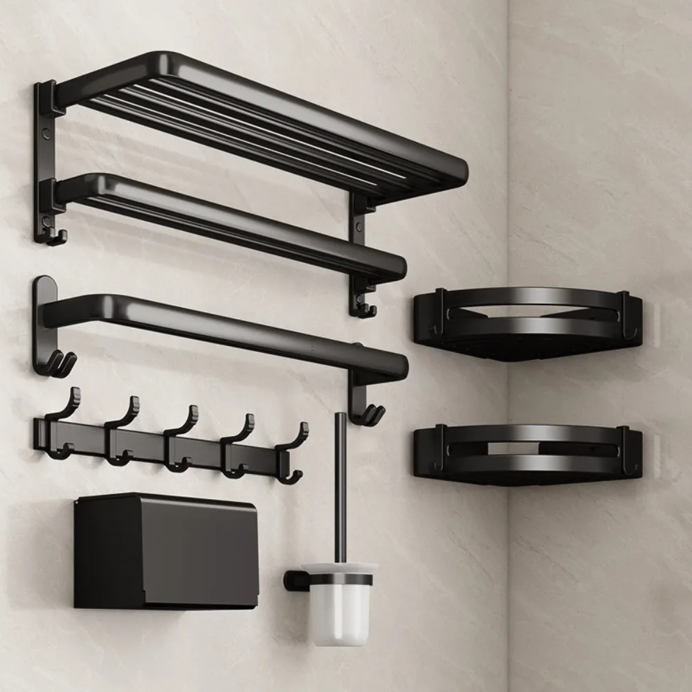 Black Towel Rack 40-60CM Double Folding Movable Bath Holder With Hook Wall Aluminum Shower Bar Hanger Rail Bathroom Accessories