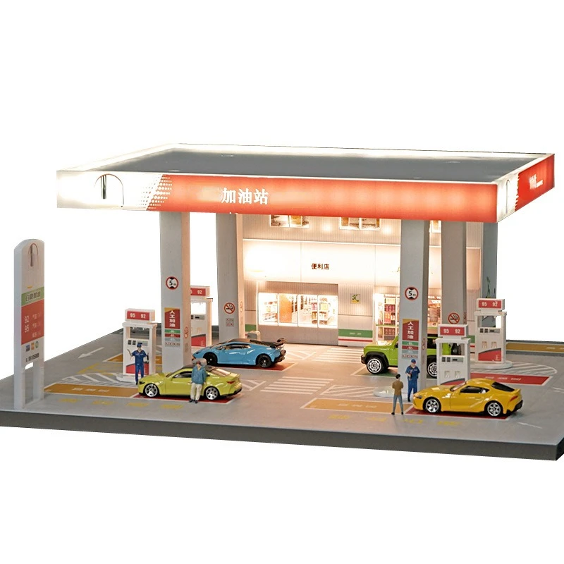 1/64 Scale Diorama Car Garage Model LED Lighting City Gas Station Backdrop Display Scene Model Collection Toy Gift