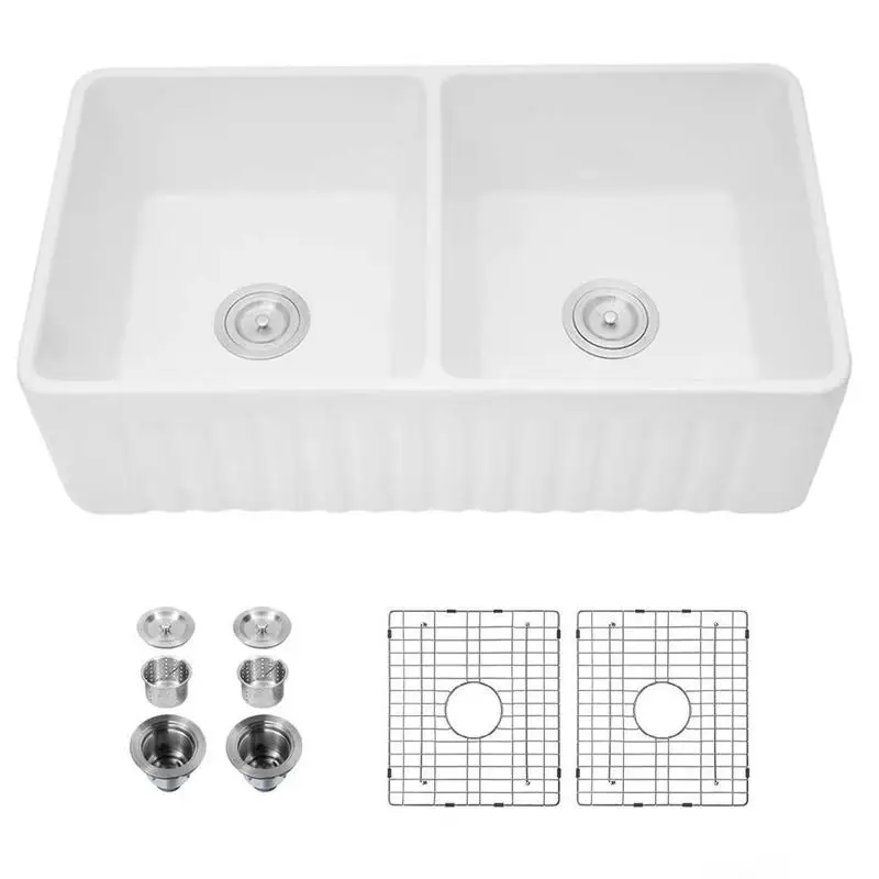 

Double Basin Farmhouse Sink 33" x 18" x 10" Ceramic Rectangular Vessel Kitchen Sink