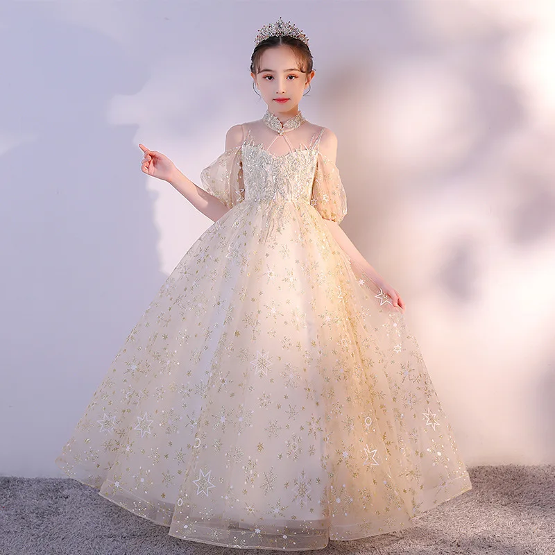 

Kids Star Sequins Dresses Girl Elegant Long Prom Gowns 2024 Children Graduation Dress Teenages Wedding Bridesmaid Robe