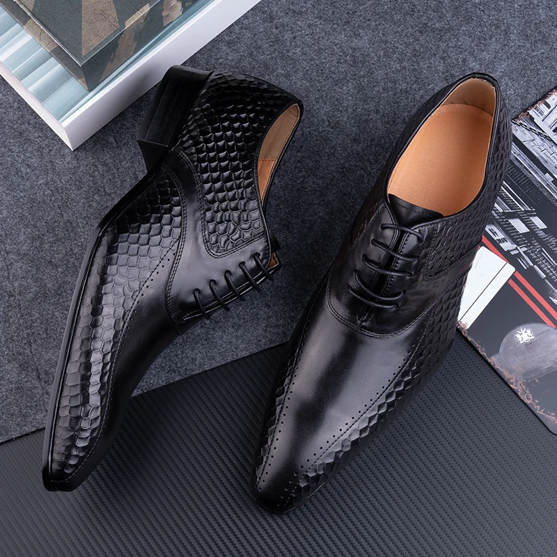 Mens Dress Shoes Side Printing Classic Oxfords Genuine Leather Sapatos Sociais Masculino Male Fashion Shoe Pointed