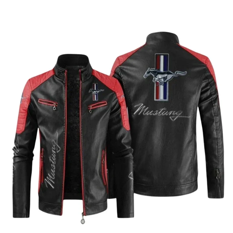 Leather Jacket Mustang Logo Men Winter Fleece Motorcycle PU Leahter Jacket Male Stand Collar Casual Windbreaker Ropa De Hombre S