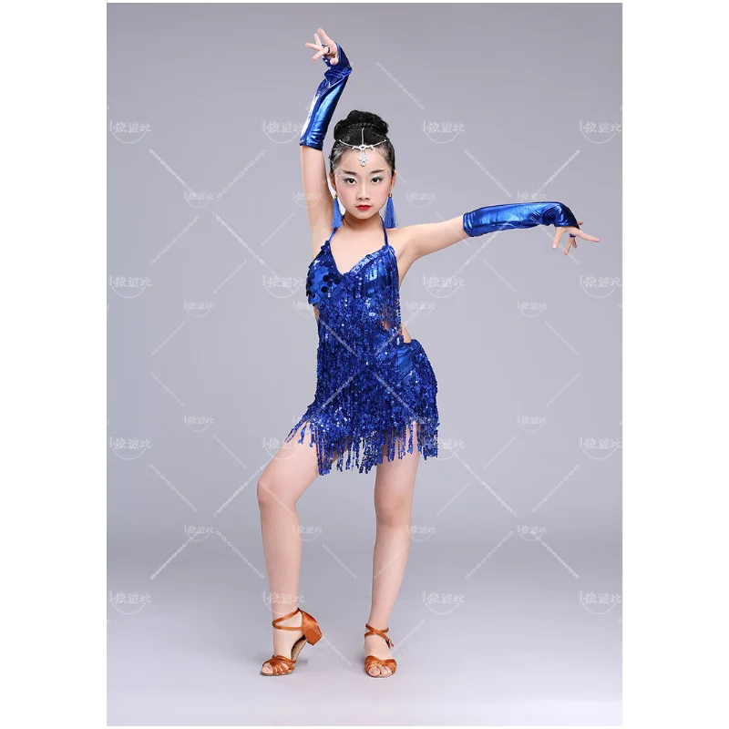 Kids Sequins Tassels Competition Costumes Latin Dance Dress Girls Gymnastics Practice Party Dancing Dresses Stage Dancewear