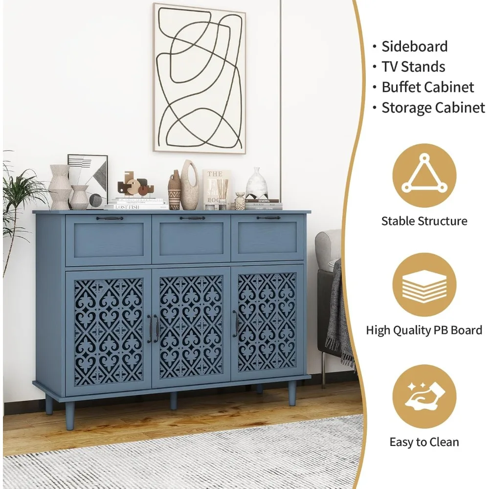 خزانة جانبية للبوفيه 3 أبواب و3 أدراج باللون الأزرق - خزانة مميزة مع أرفف قابلة للتعديل، وخزائن تخزين خشبية بعرض 47 بوصة #5