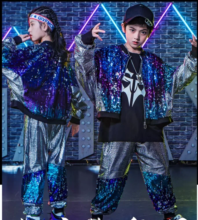 

Kids Hip-hop Jazz Dance Suit Costume for Boy Girl Wear Outfit Sequins Silver Performance Walking Show Fashion Band Wear